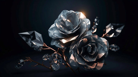 3d illustration of a black rose with crystals on a black backgroundの素材