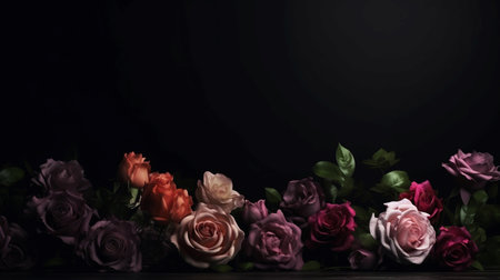 Colorful roses on a black background with space for your text.の素材
