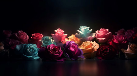 Colorful roses on black background with copy space. selective focus.の素材