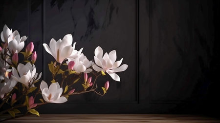 Bouquet of magnolia flowers on a dark background. Space for text.の素材