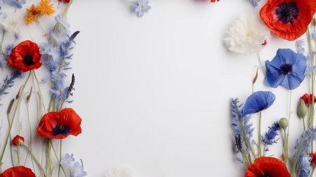 Flower composition. Poppies, cornflowers on white background. Flat lay, top view, copy spaceの素材