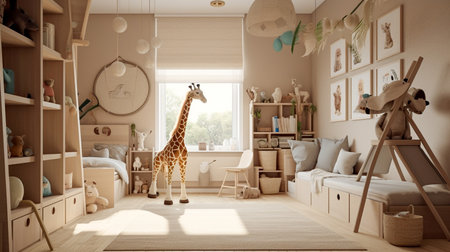 Interior of a children's room with a giraffe. 3d renderingの素材