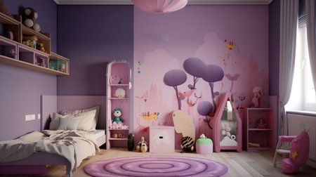3d render of a children's room with a pink wall.の素材