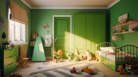 3d render of children's room with green walls and wooden floorの素材