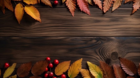 Autumn leaves on wooden background with copy space. Fall background.の素材