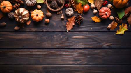Autumn background with pumpkins, leaves and nuts on wooden backgroundの素材