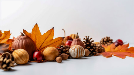 autumn still life with leaves, nuts and berries on white backgroundの素材