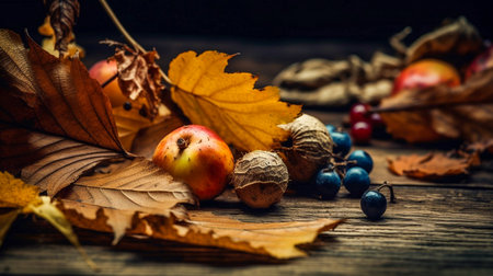 Autumn still life with apples, berries and leaves on wooden backgroundの素材