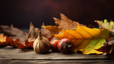 Autumn still life with leaves and chestnuts on wooden background.の素材