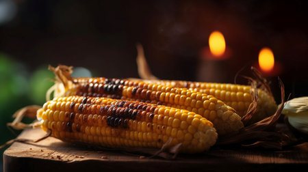 Grilled corn on the cob on a wooden tableの素材