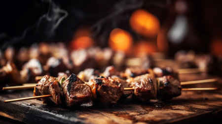 Grilled meat on skewers on a wooden board with flames in the backgroundの素材