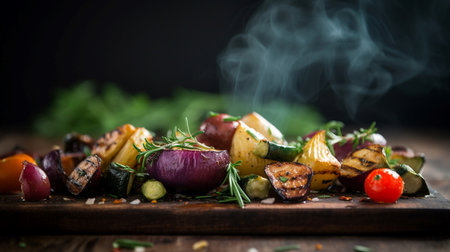 Grilled vegetables on a wooden board, rustic style, selective focusの素材