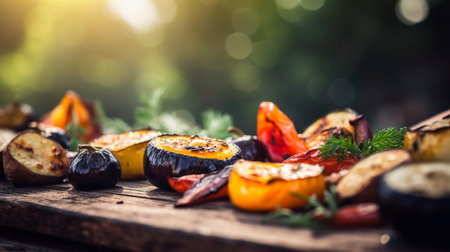 Grilled vegetables on a wooden board. bokeh background.の素材