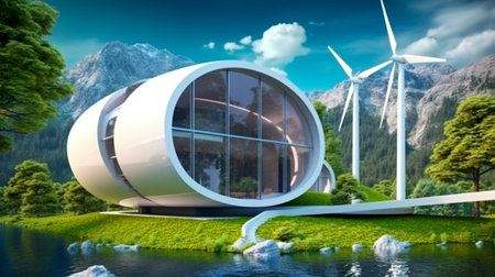 Modern building with wind turbines in the background. 3D rendering.の素材