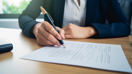 Close up of businesswoman hand signing contract papers. business idea.の素材