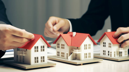 Real estate agent giving house model to customer after signing contract in officeの素材