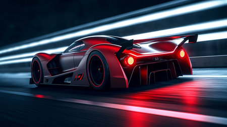 Futuristic red sports car on the road at night. 3D renderingの素材