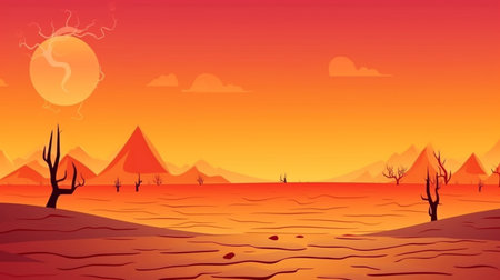 Desert landscape with mountains and dry trees. Vector illustration in cartoon styleの素材