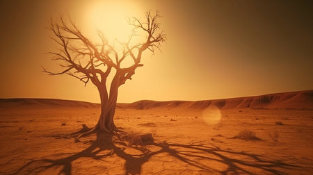 Dead tree in the desert at sunset, Dry tree in the desert against the background of the sunset, the concept of global warming. Generative artificial intelligence.の素材