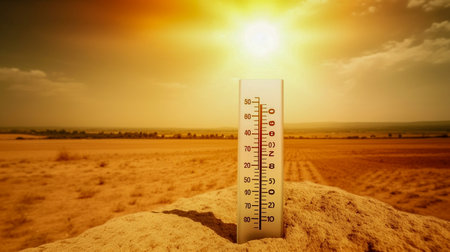 Thermometer in the desert on sunset background, global warming conceptの素材