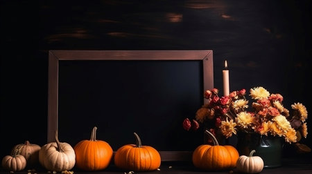 Autumn still life with pumpkins and flowers on black wooden backgroundの素材