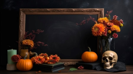 Still life with pumpkin, books and skull on blackboard background. Halloween conceptの素材