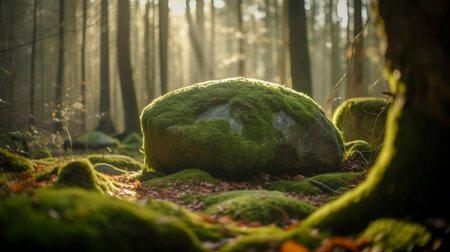 Mossy boulders in the forest at sunset, close upの素材