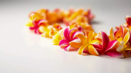 Colorful Hawaiian Lei, garland of exotic flowers, blurred background.の素材