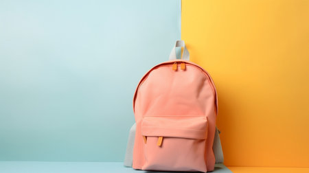 Pink backpack on a yellow and blue background. Back to school concept.の素材