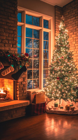 Christmas tree with presents in front of fireplace at home. Winter Holidaysの素材