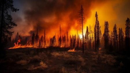 Burning forest after wildfire. Conceptual image of disaster and dangerの素材