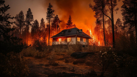 Burning house in the forest at night. Natural disaster concept.の素材
