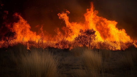 fire in the field, burning dry grass and trees in the foregroundの素材