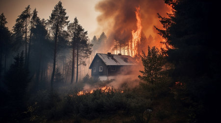 Forest fire in the forest. The house is burning in the forest.の素材