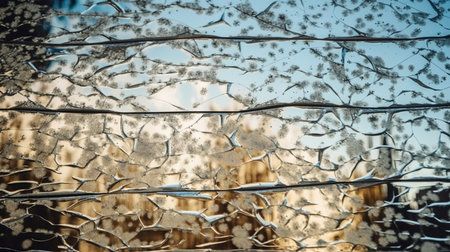 Frozen glass, sky and forest in the background, abstract background with space for text. Generative AI.の素材