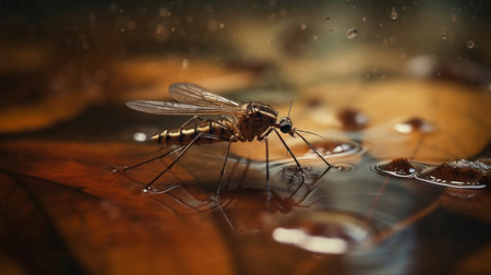 Mosquito on a leaf in the rain. Selective focusの素材