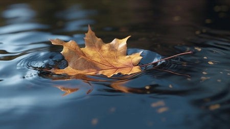 Maple leaf on the water surface with ripples. Autumn background. Generative AI.の素材