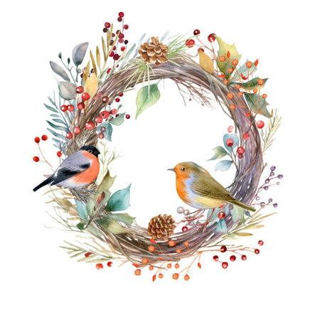 Watercolor Christmas wreath with birds and berries.の素材