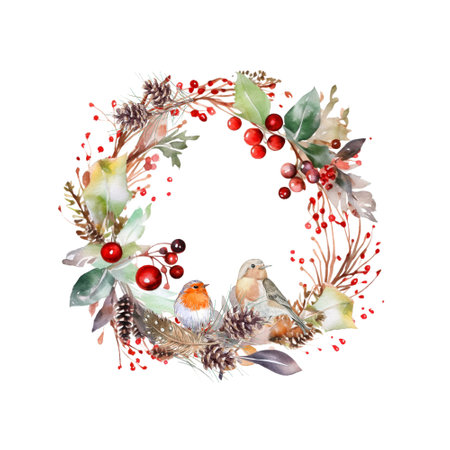 Watercolor christmas wreath with birds, berries and leaves.の素材