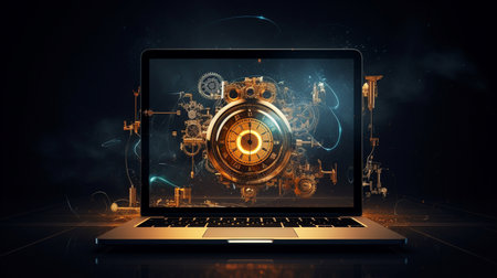 Laptop with closed padlock on dark background. 3D renderingの素材