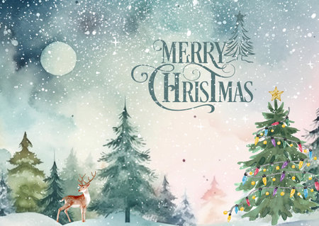 Merry Christmas and Happy New Year greeting card with winter landscape.の素材