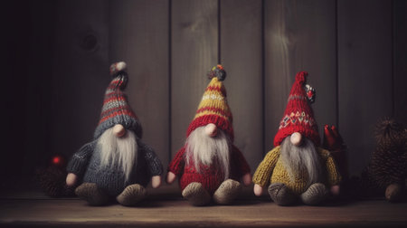 Handmade Christmas gnomes on a wooden background. Selective focus.の素材