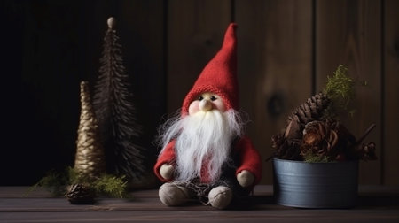 Christmas decoration with Santa Claus on a wooden background. Copy space.の素材