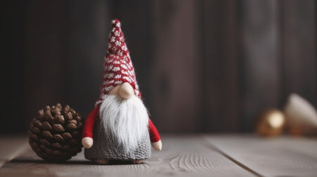 Christmas gnome and pine cone on wooden background. Christmas card.の素材
