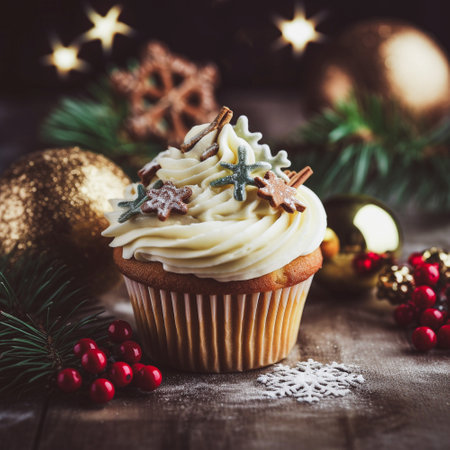 Christmas cupcake with red berries and candles on a dark background.の素材