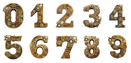 Mechanical alphabet made from gears and cogwheels. Set of numbers 1, 2, 3, 4, 5, 6, 7. Isolated on white background. 3d renderingのイラスト素材