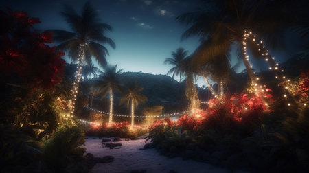 Night tropical beach with palm trees and garlands. 3d renderの素材