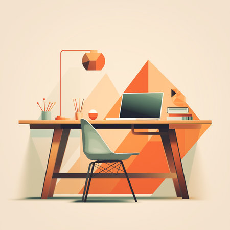 Modern workplace with computer, chair and office supplies. Vector illustration.の素材