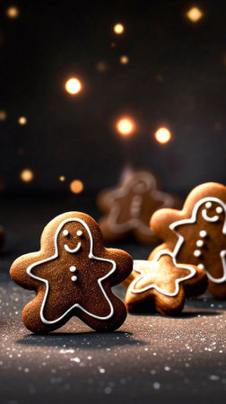 Christmas homemade gingerbread cookies on dark background with bokeh lightsの素材