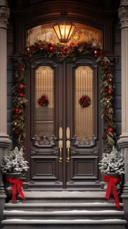 Wooden front door with christmas wreath and red ribbonsの素材